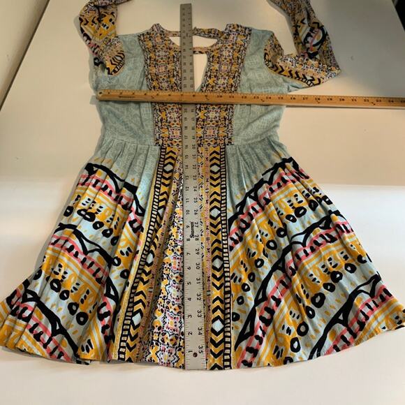 Free People Dress Womens 4 Multi Pleated Tegan Border Keyhole Bohemian Mini - Picture 9 of 16